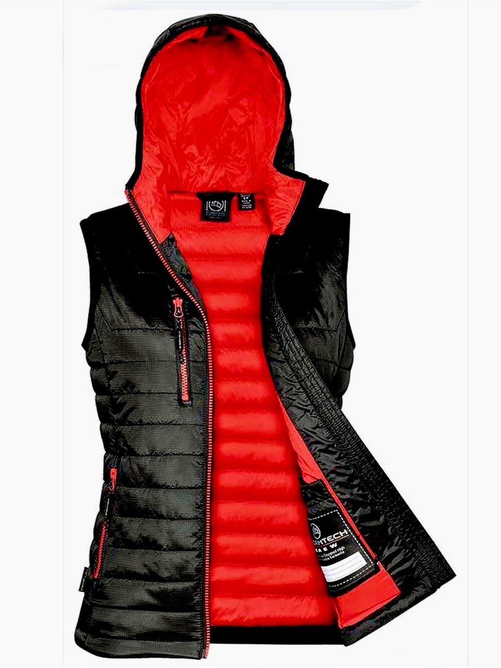 Women's Quilted Hooded Puffer Vest - Black with Red Lining